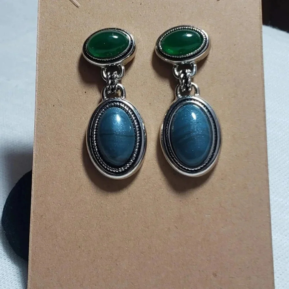 Fashion silver tone blue/green drop earrings‎